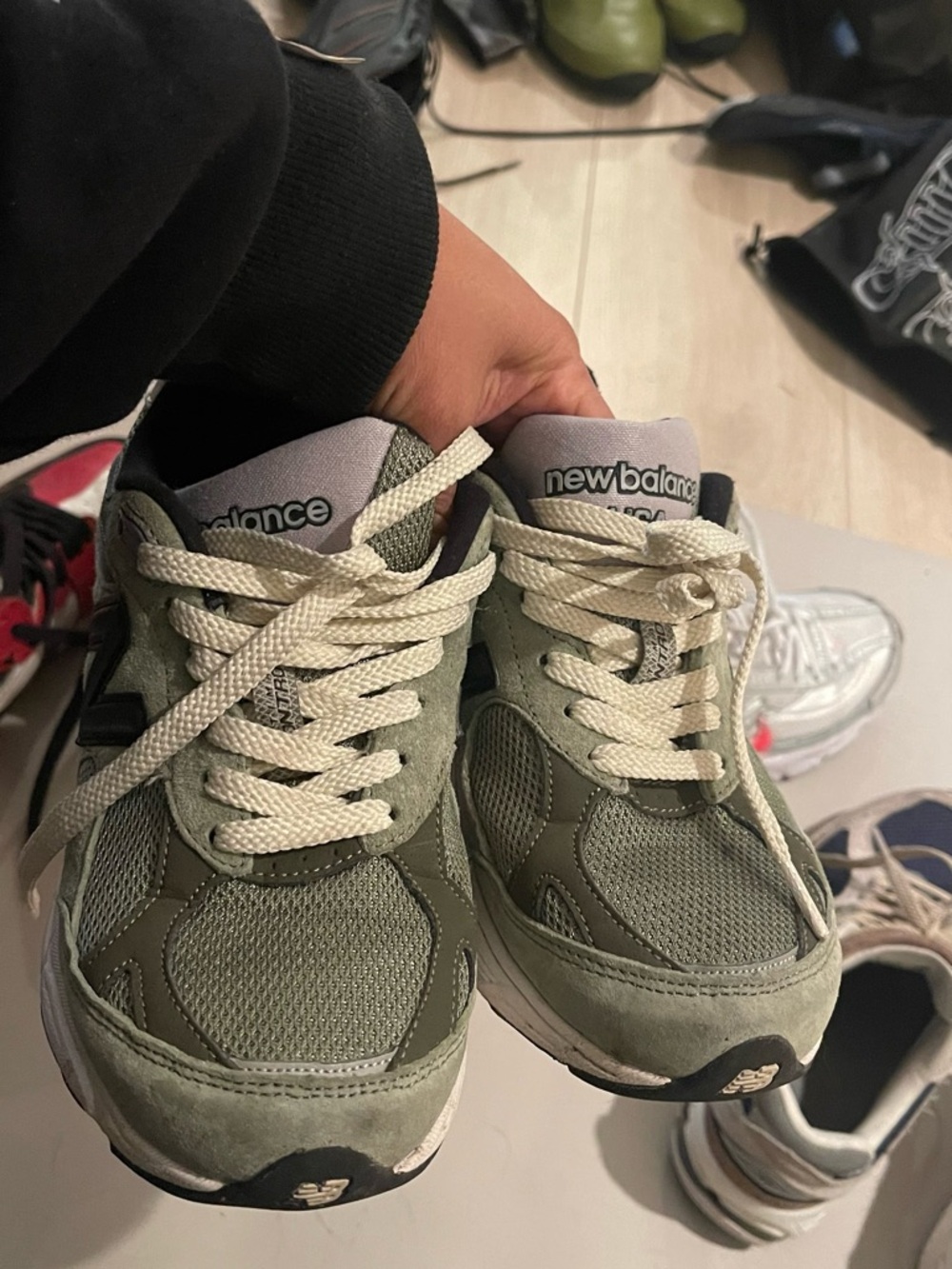 New Balance Kids Olive Green and Cream Lace-Up Sneakers